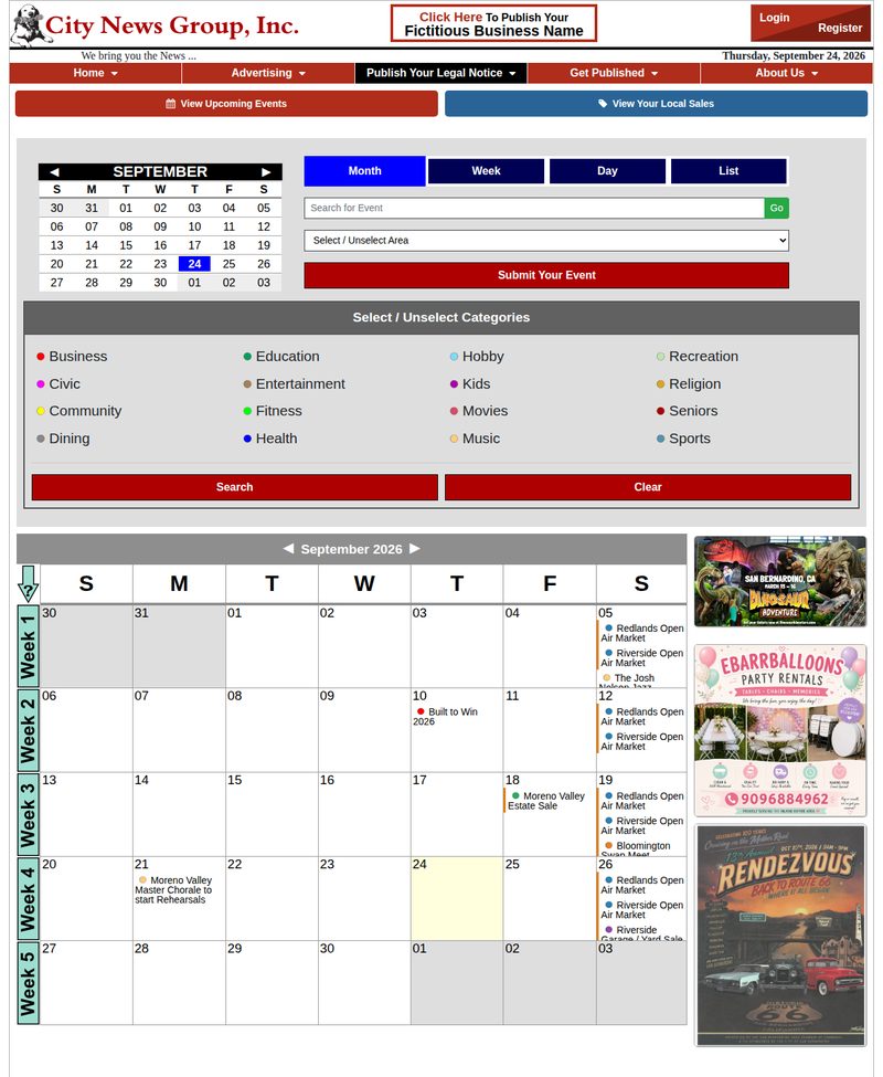 City News Group events calendar showing where calendar ads appear